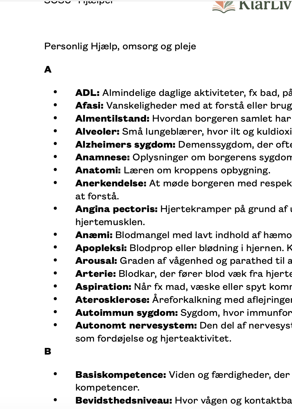 Fagord - Personlig Hjælp Omsorg og Pleje